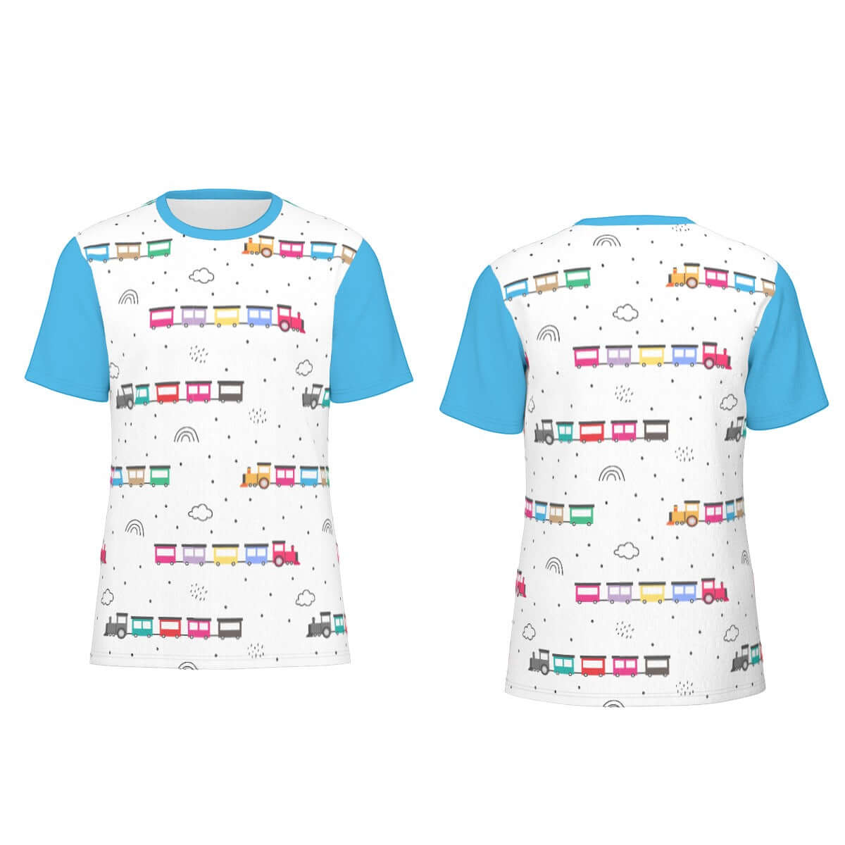 ABDL themed Choo-Choo Tee featuring colorful train designs on a white background with blue sleeves.