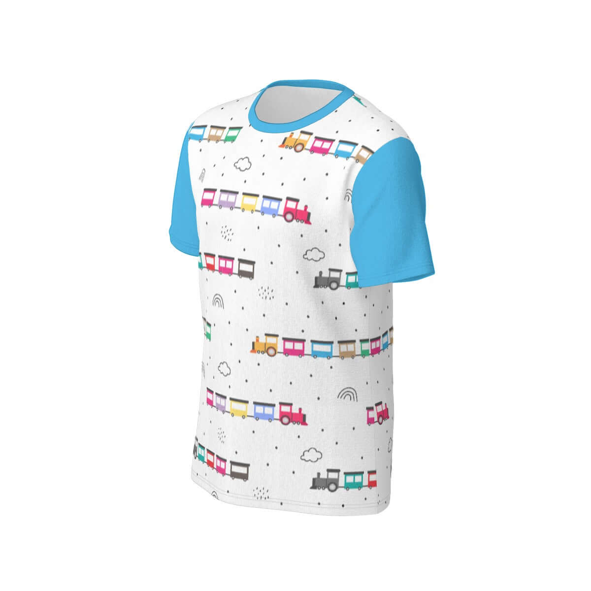 ABDL themed Choo-Choo Tee featuring colorful train designs on a white background with blue sleeves.
