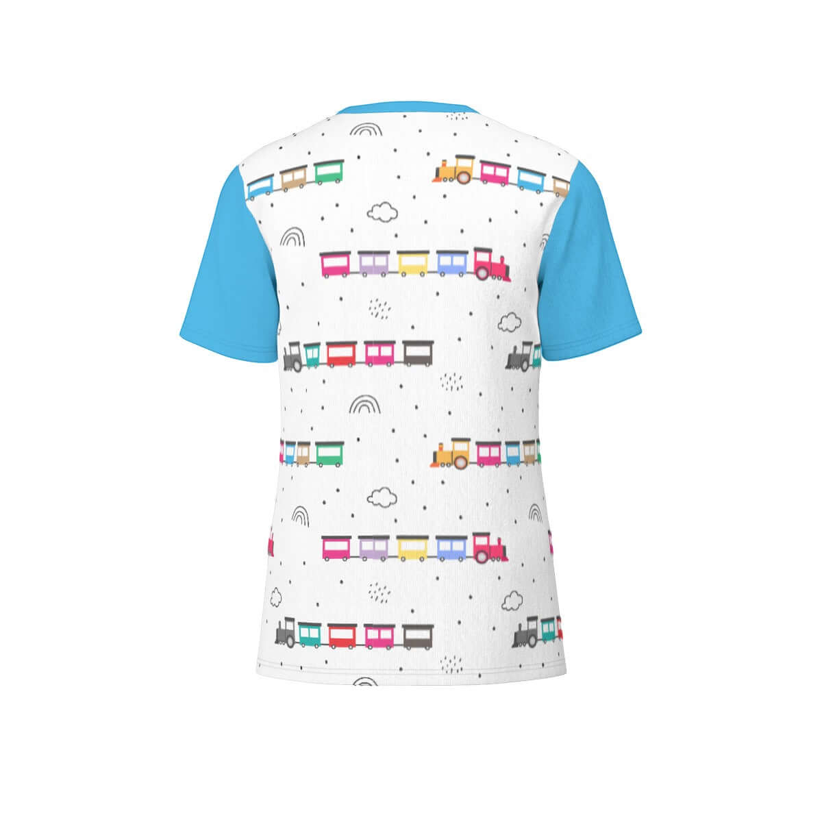 ABDL themed Choo-Choo Tee featuring colorful train designs on a white background with blue sleeves.