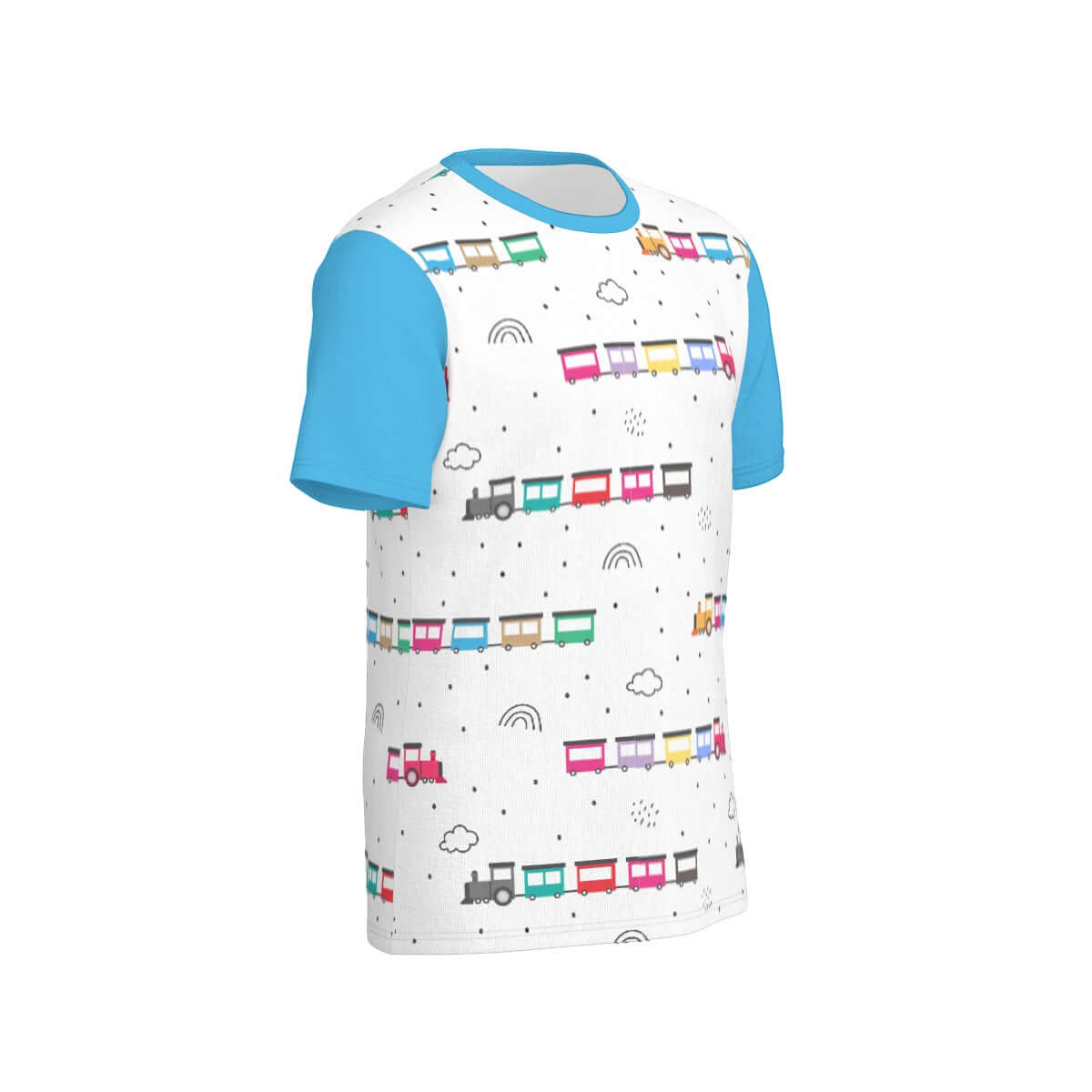ABDL themed Choo-Choo Tee featuring colorful train designs on a white background with blue sleeves.