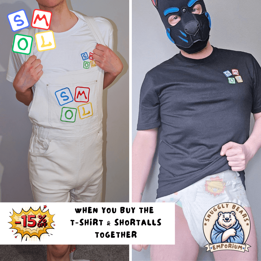Person wearing SMOL shortalls and matching tee, showcasing a playful and cute style from Snuggly Bears Emporium.