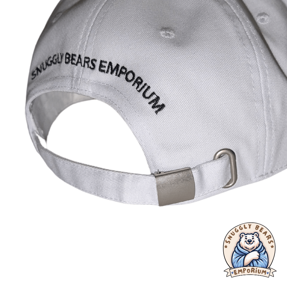 Back view of a white snapback cap featuring 'Snuggly Bears Emporium' embroidered on it.