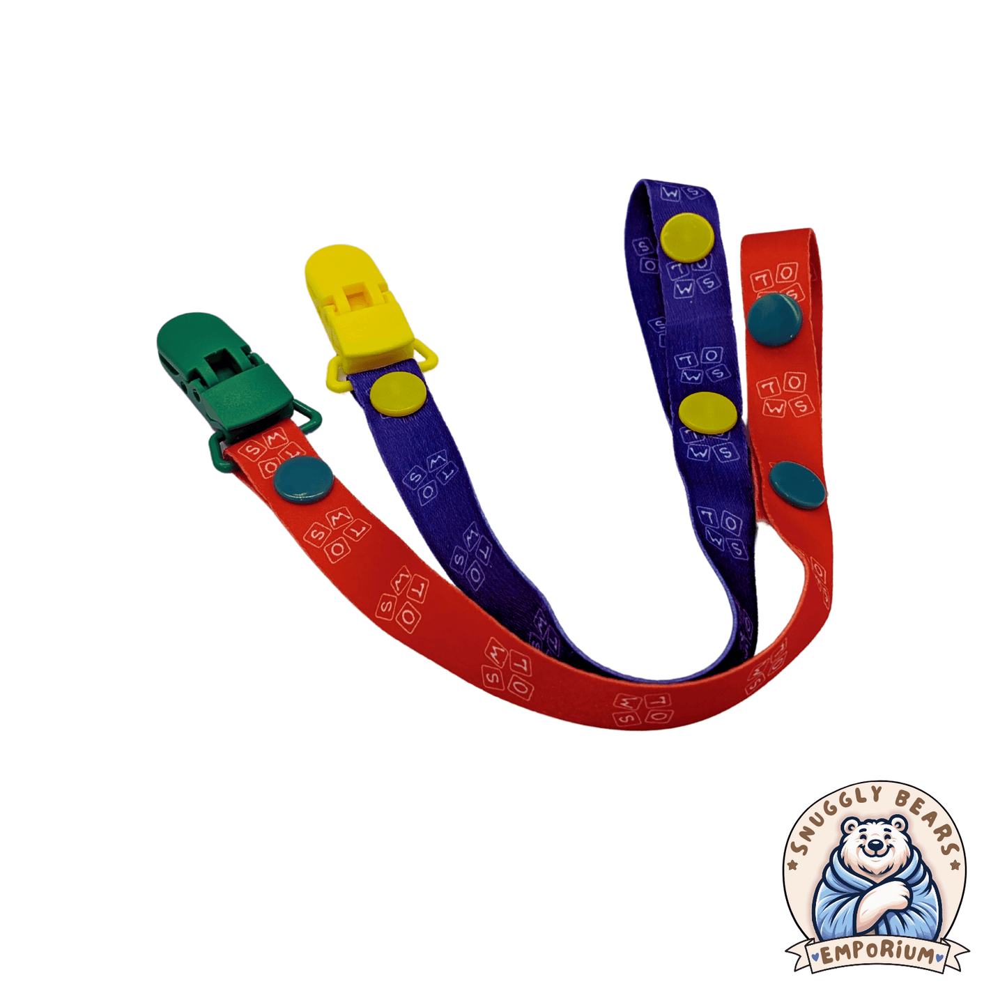 Colorful SMOL Pacifier clips in red, green, blue, and yellow, designed to secure pacifiers safely and stylishly.