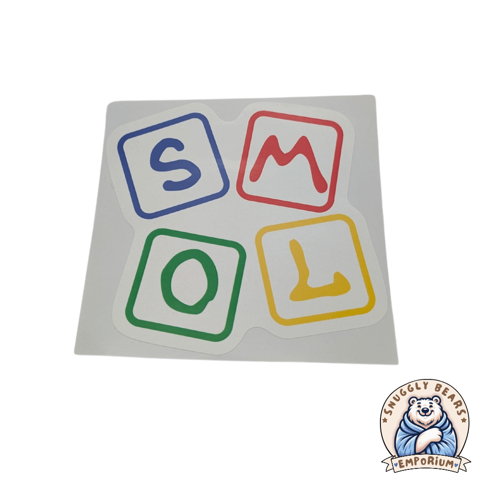 Colorful SMOL-themed die-cut vinyl stickers featuring playful letters, perfect for personalizing items.