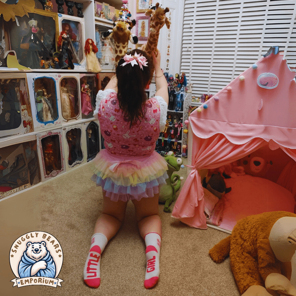 Two Girls wearing, SMOL Little Girl ABDL Socks with pink accents, ruffled edges, and playful lettering for a cute and comfy look.