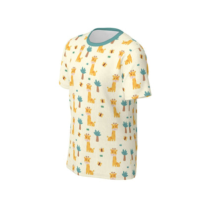 Vibrant all-over giraffe design T-shirt for ABDL community, showcasing playful and colorful patterns.