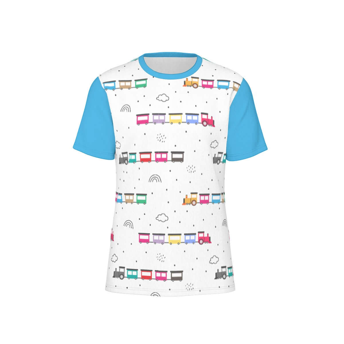 ABDL themed Choo-Choo Tee featuring colorful train designs on a white background with blue sleeves.
