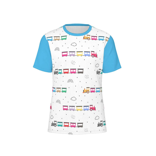 ABDL themed Choo-Choo Tee featuring colorful train designs on a white background with blue sleeves.