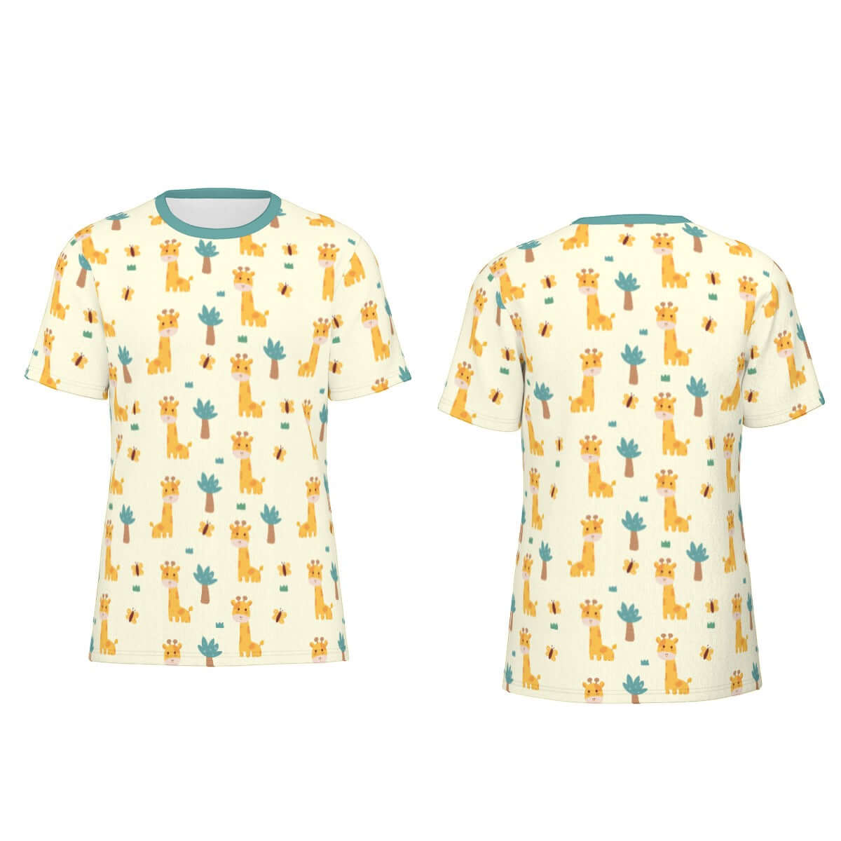 Vibrant all-over giraffe design T-shirt for ABDL community, showcasing playful and colorful patterns.