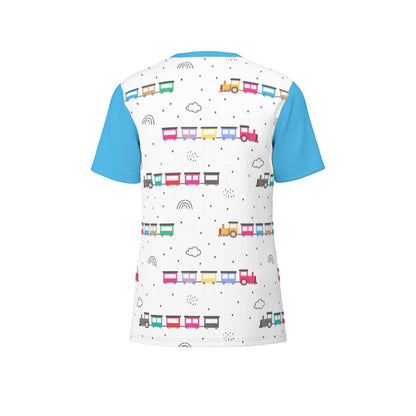 ABDL themed Choo-Choo Tee featuring colorful train designs on a white background with blue sleeves.