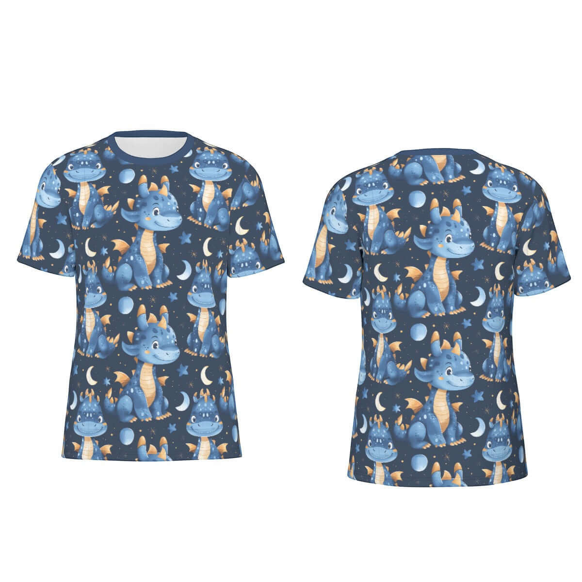 ABDL themed all-over design T-shirt featuring cute blue dragons and moons on a navy background.