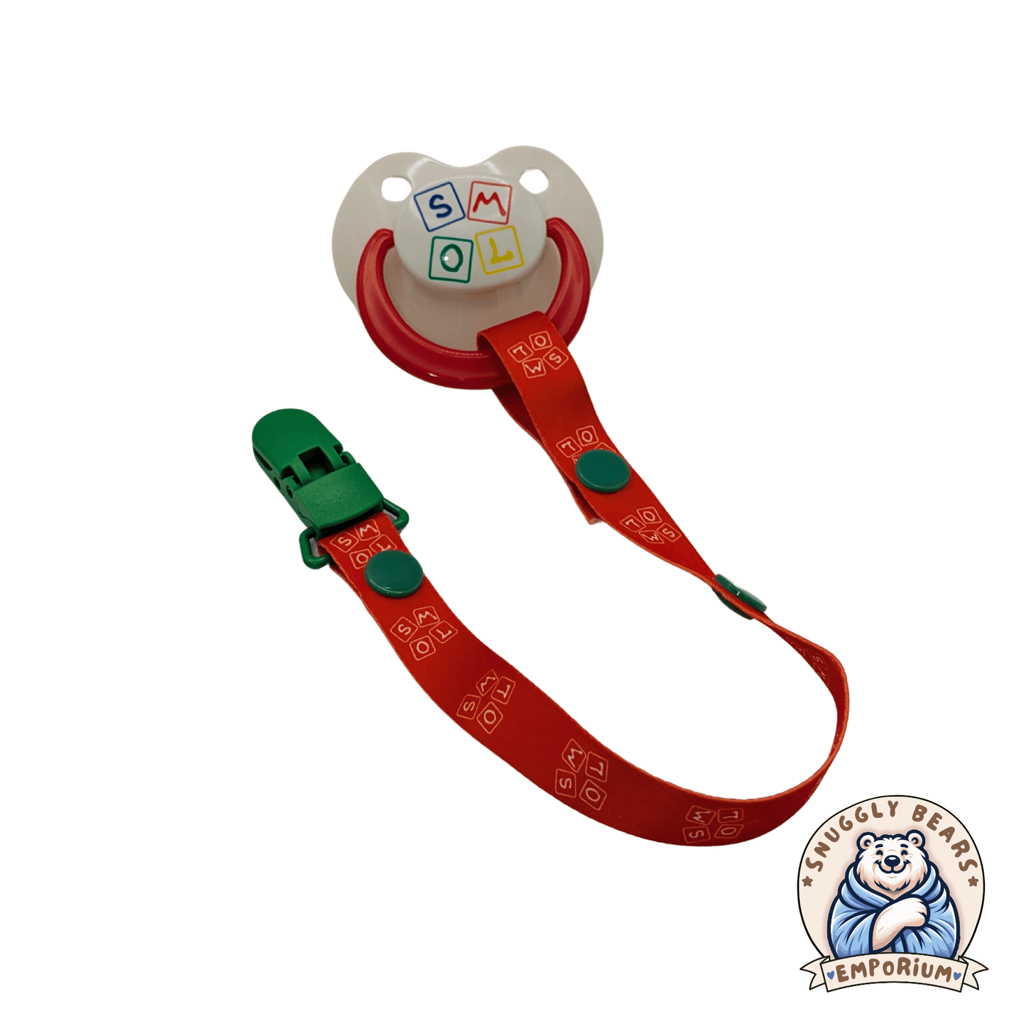 SMOL Pacifier and Clip in red with playful alphabet block logo, perfect for keeping binkies safe and stylish.