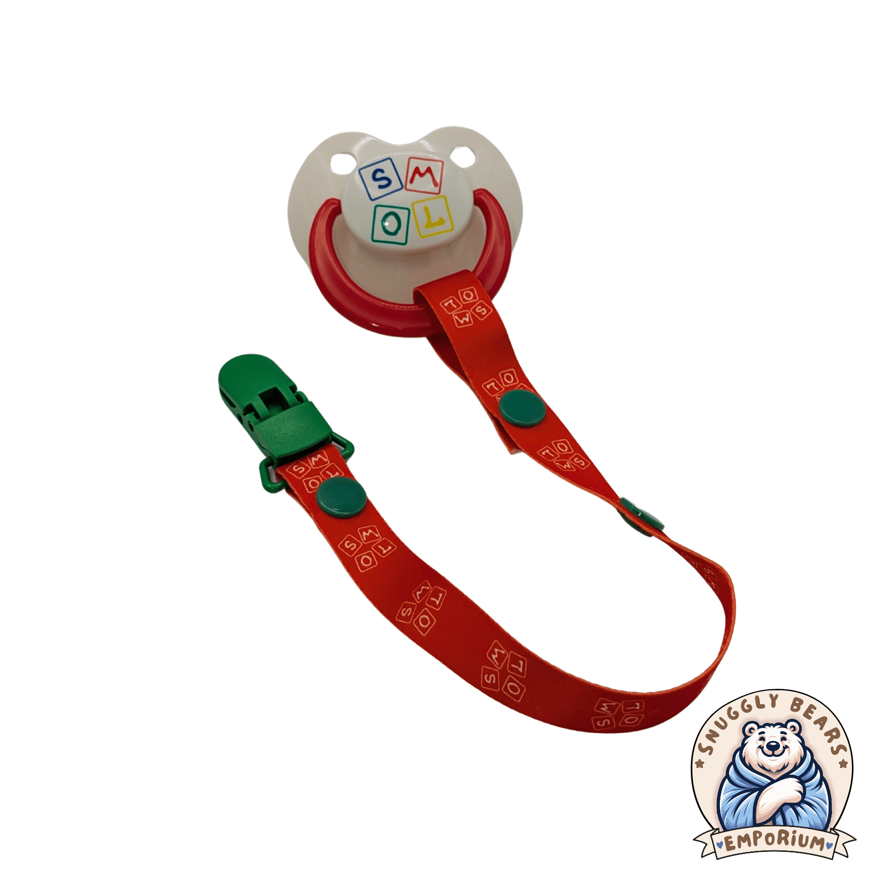 SMOL Pacifier and Clip in red with playful alphabet block logo, perfect for keeping binkies safe and stylish.