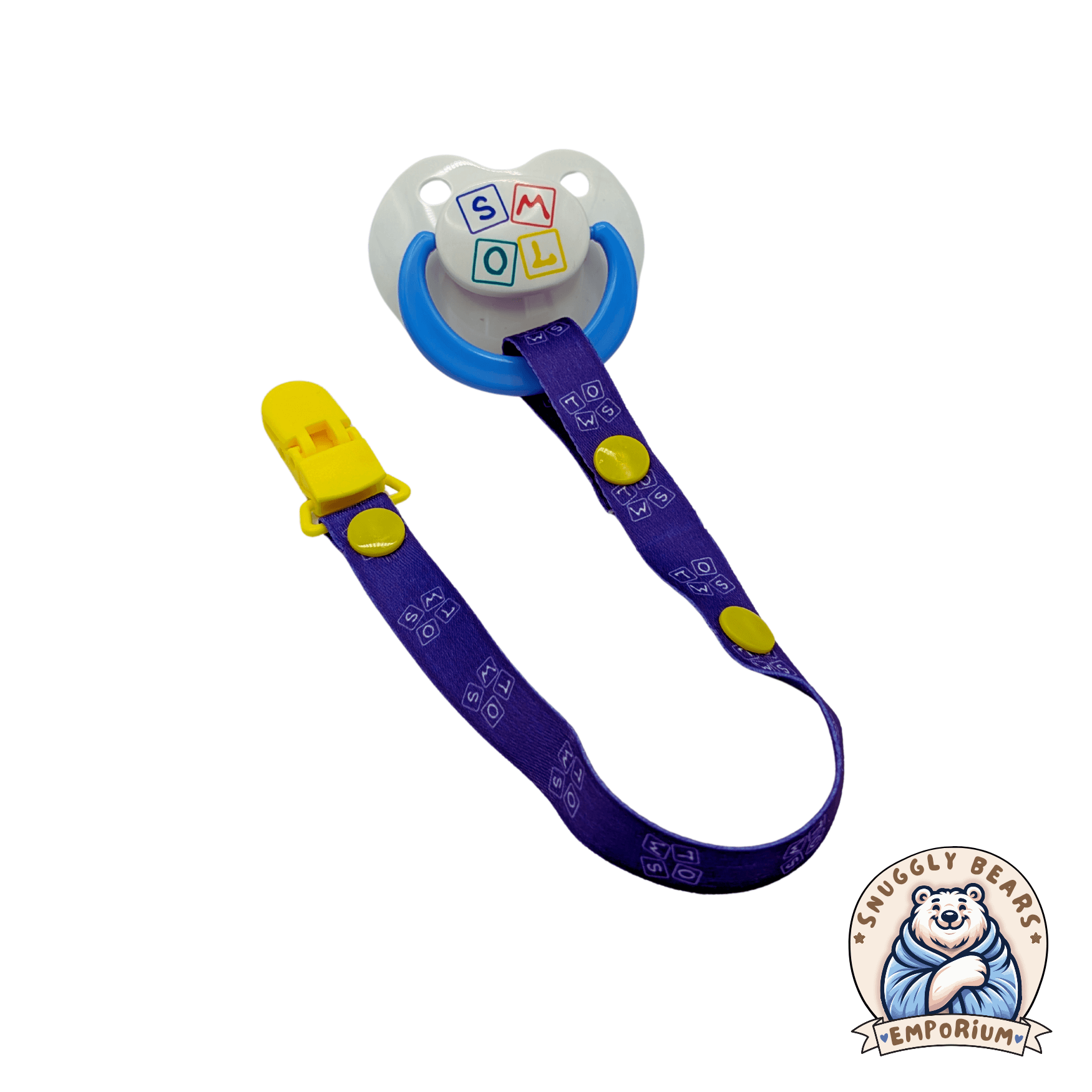 SMOL Pacifier and Clip in blue with playful alphabet block logo, perfect for keeping binkies safe and stylish.
