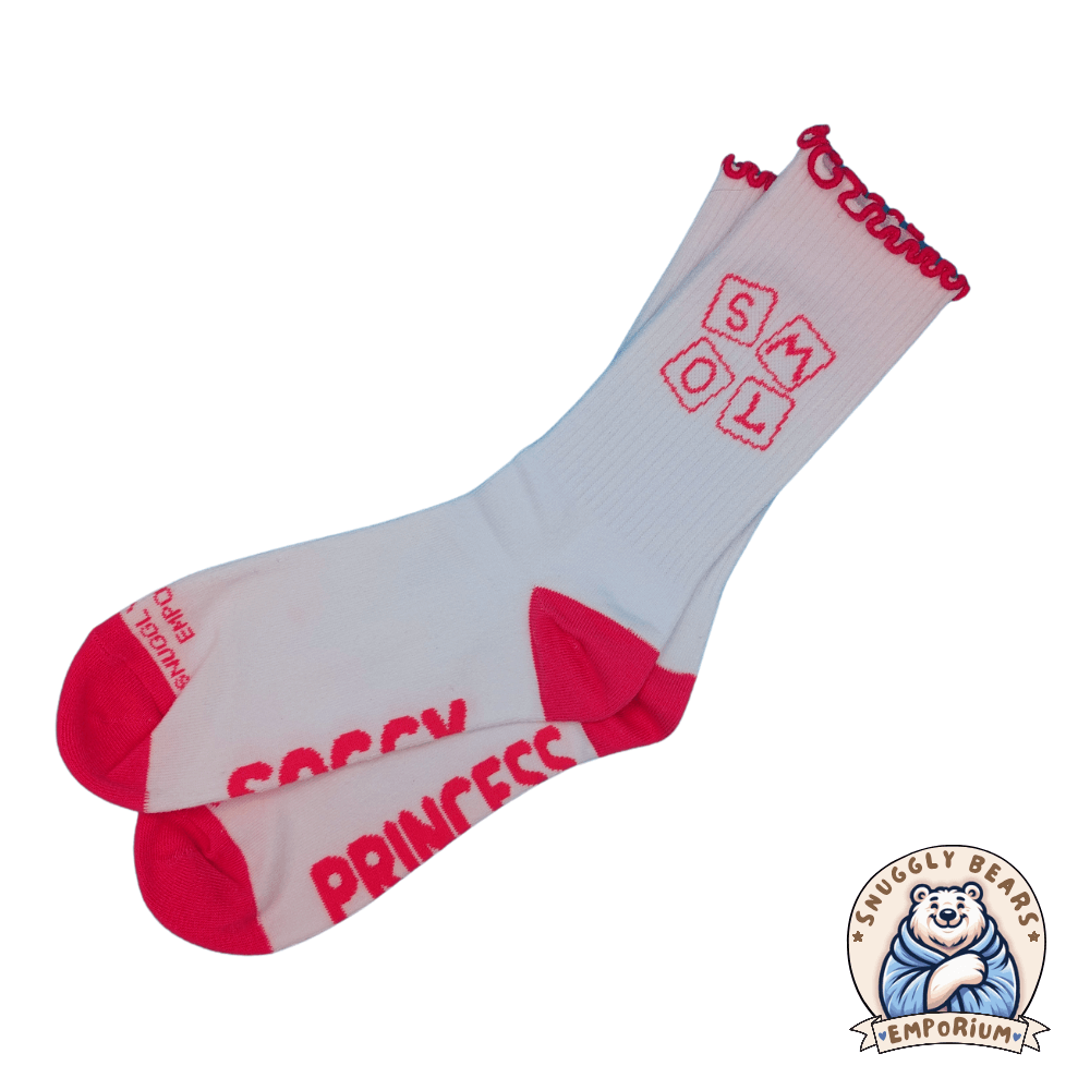 Adorable SMOL Soggy Princess ABDL socks featuring pink accents and frilly edges, perfect for playful little ones.