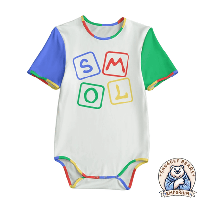 Adult-sized ABDL Onesie in white with colorful sleeves and 'SMOL' block letters design, perfect for the ABDL community.