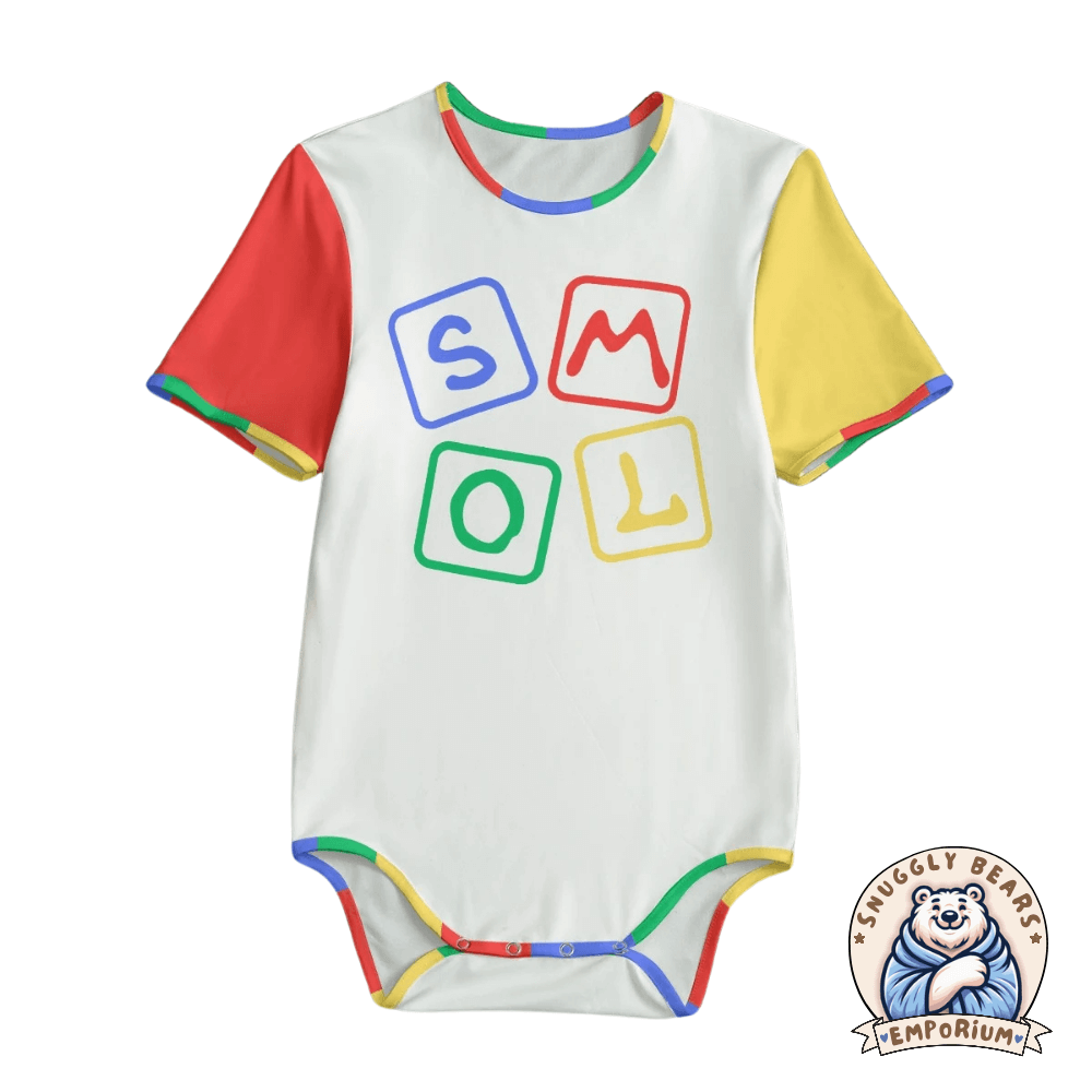 Adult-sized ABDL Onesie in white with colorful sleeves and 'SMOL' block letters design, perfect for the ABDL community.