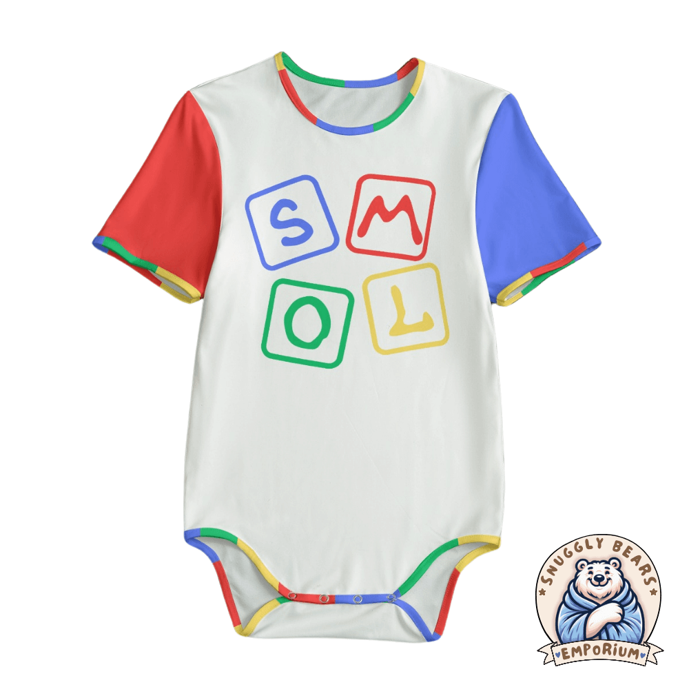 Adult-sized ABDL Onesie in white with colorful sleeves and 'SMOL' block letters design, perfect for the ABDL community.