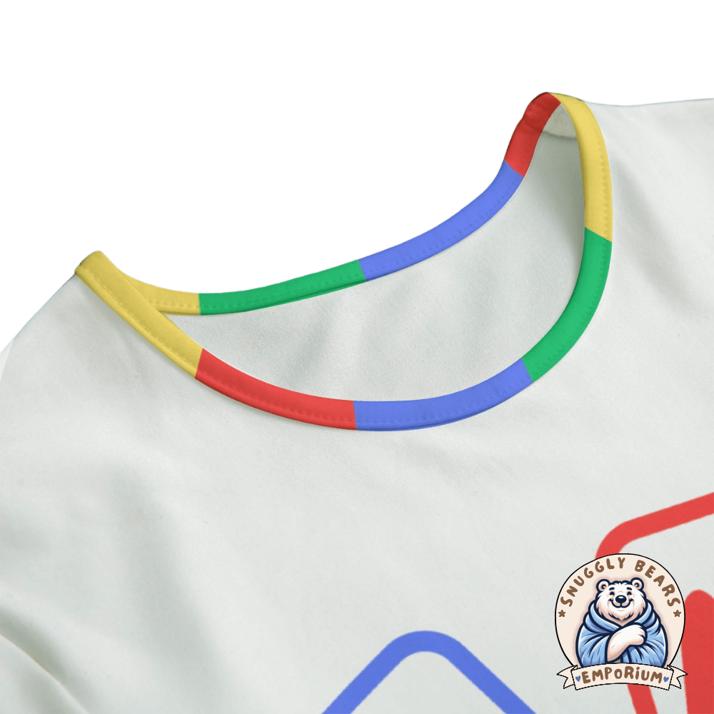 Adult-sized ABDL Onesie in white with colorful sleeves and 'SMOL' block letters design, perfect for the ABDL community.