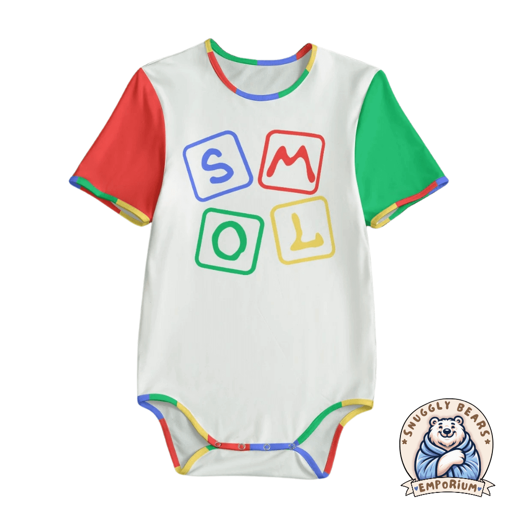 Adult-sized ABDL Onesie in white with colorful sleeves and 'SMOL' block letters design, perfect for the ABDL community.