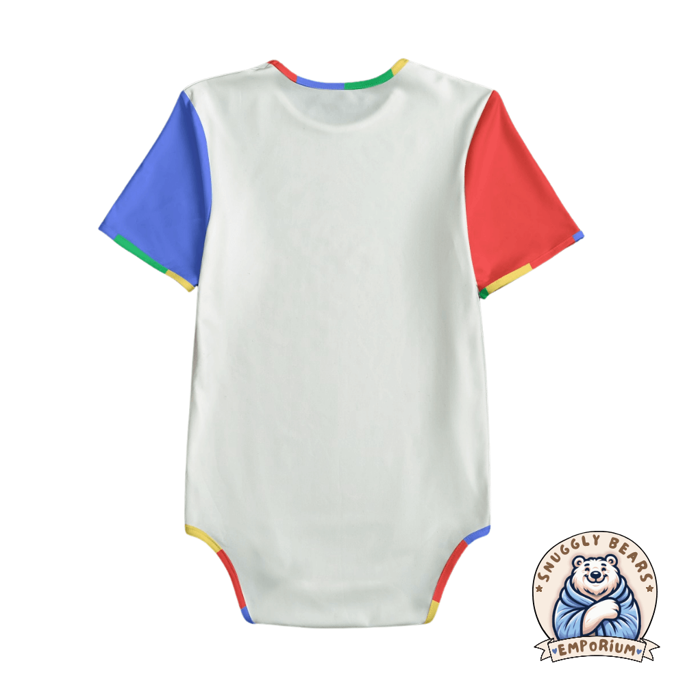 Adult-sized ABDL Onesie in white with colorful sleeves and 'SMOL' block letters design, perfect for the ABDL community.