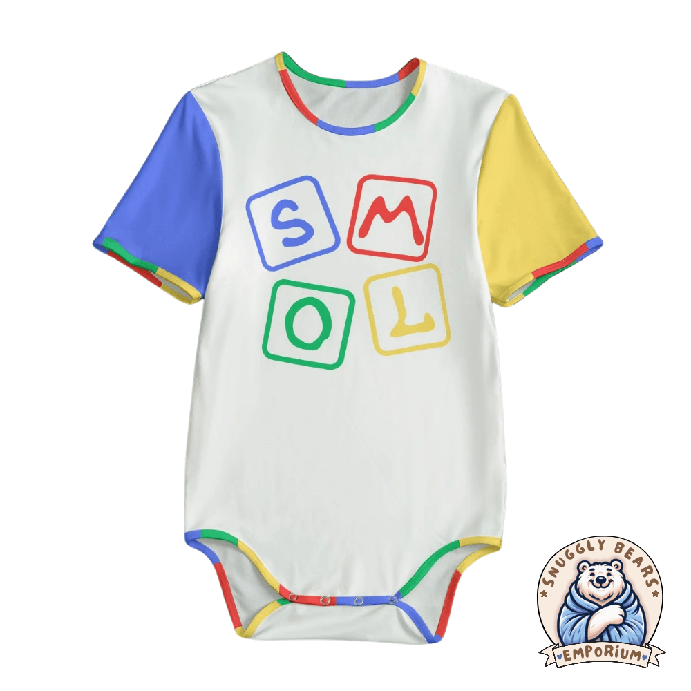 Adult-sized ABDL Onesie in white with colorful sleeves and 'SMOL' block letters design, perfect for the ABDL community.
