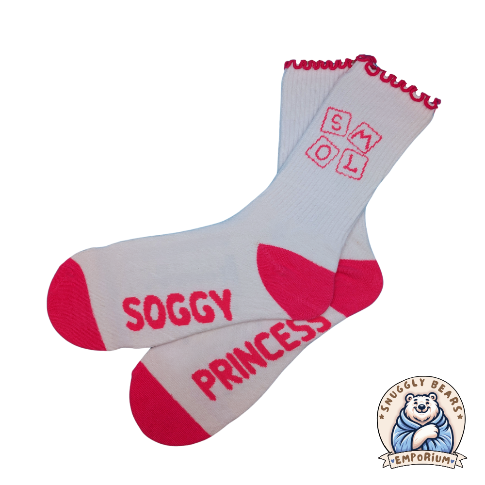 Adorable SMOL Soggy Princess ABDL socks featuring pink accents and frilly edges, perfect for playful little ones.