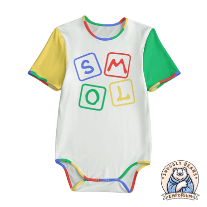 Adult-sized ABDL Onesie in white with colorful sleeves and 'SMOL' block letters design, perfect for the ABDL community.