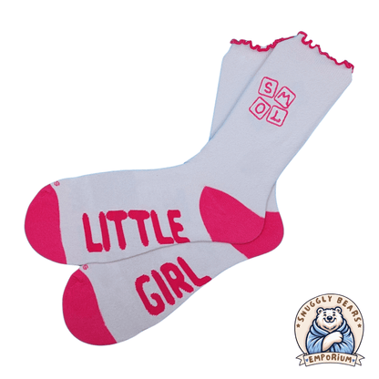 SMOL Little Girl ABDL Socks with pink accents, ruffled edges, and playful lettering for a cute and comfy look.