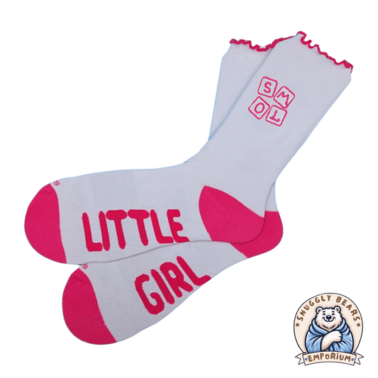 SMOL Little Girl ABDL Socks with pink accents, ruffled edges, and playful lettering for a cute and comfy look.