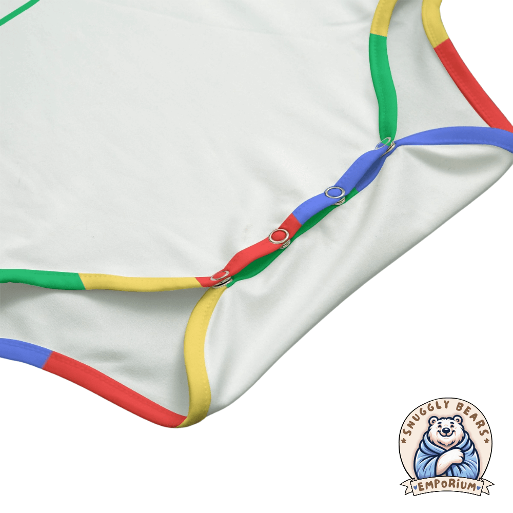 Adult-sized ABDL Onesie in white with colorful sleeves and 'SMOL' block letters design, perfect for the ABDL community.