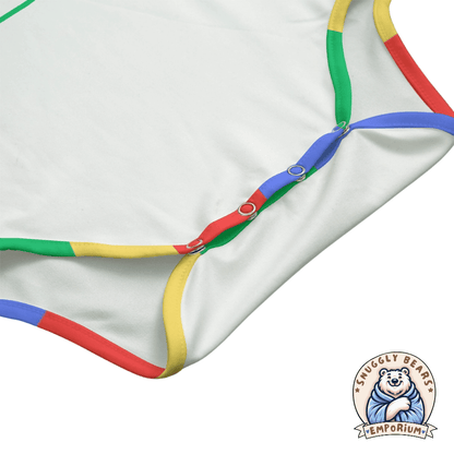 Adult-sized ABDL Onesie in white with colorful sleeves and 'SMOL' block letters design, perfect for the ABDL community.